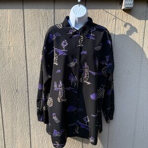Vintage Norton McNaughton Women's Black Purple Biker Print Button Up Blouse L